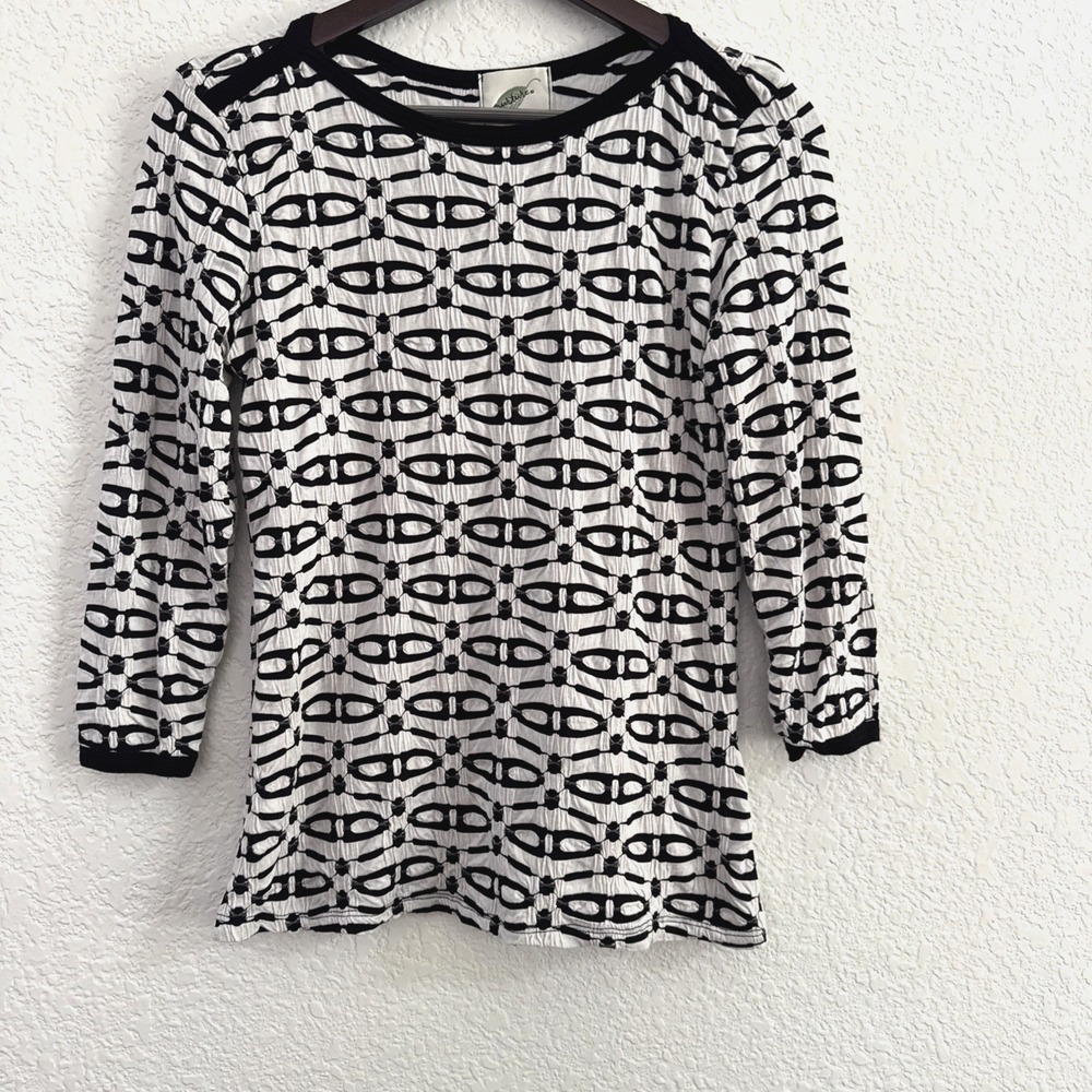 Nurture Women's Top 3/4 Sleeve White Black Geometric Size S Made In USA